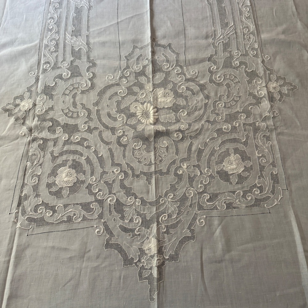 Vintage 136" Banquet Linen Tablecloth Madeira Style Cutwork Hand Embroidered